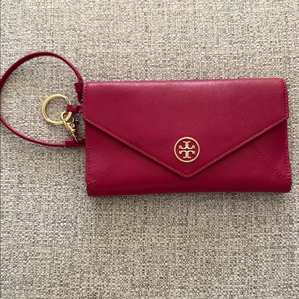 Tory Burch Red Envelope Wristlet Wallet with Gold Logo